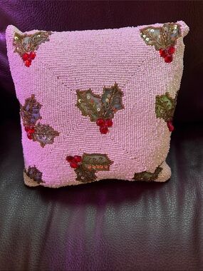 Beaded Pink Holly Accent Pillow with Red Berry Embellishments